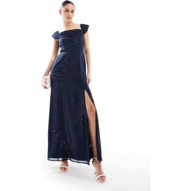 Maya Deluxe Embroidered Bardot Maxi Dress with Split, Navy