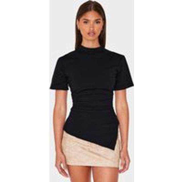 Black Cotton Ruched Side Asymmetric Hem T-shirt, Black - 14