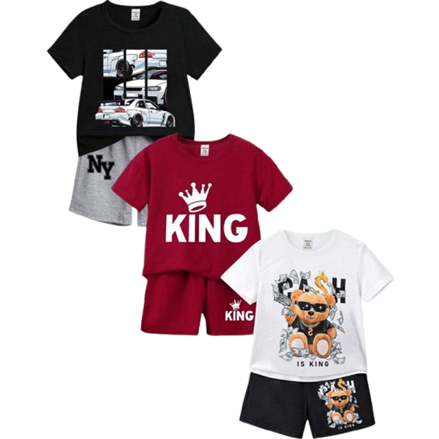 SHEIN 3pcs Baby Boy Casual Funny Sunglasses Bear Car Silhouette Crown Letter Slogan Cartoon Basic Short Sleeve T-Shirt & Shorts Set