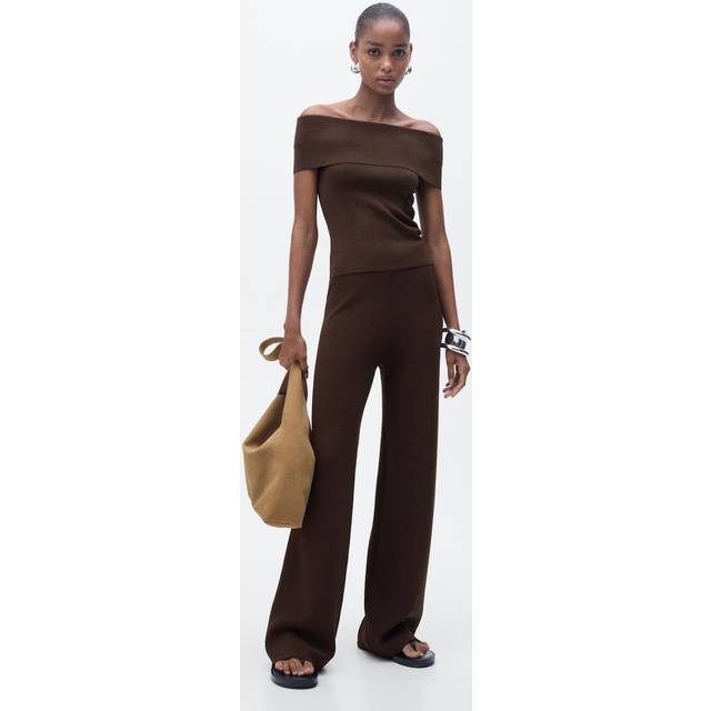 Straight knitted trousers chocolate - Woman - M - MANGO - Chocolate