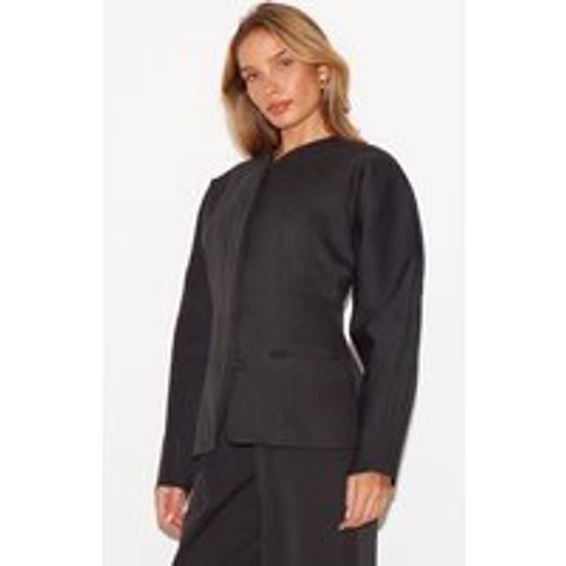 Black Premium Woven Tailored Collarless Blazer, Black - 4