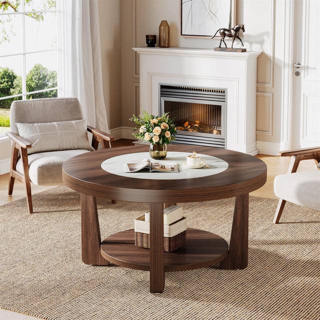 Coffee Table, Industrial Style Double Layer Round Wood Decorative Center Table With Storage Space - Brown (10cm W X 10cm D)