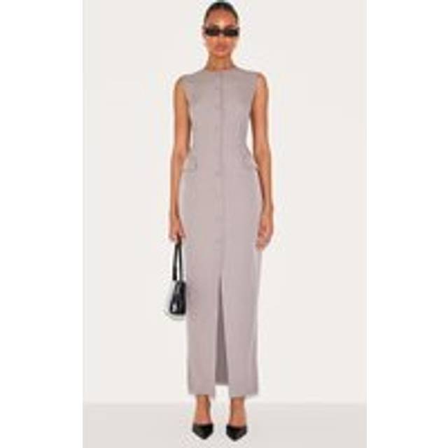 Grey Woven Button Maxi Dress, Grey - 12