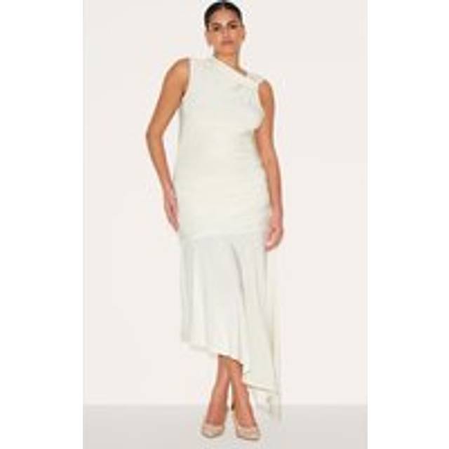 Plus Cream Double Layer Slinky Asymmetrical Ruched Detail Midaxi Dress, White - 30