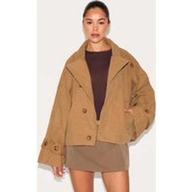 Taupe Wrap Over Detail Canvas Trench Coat, Brown - L