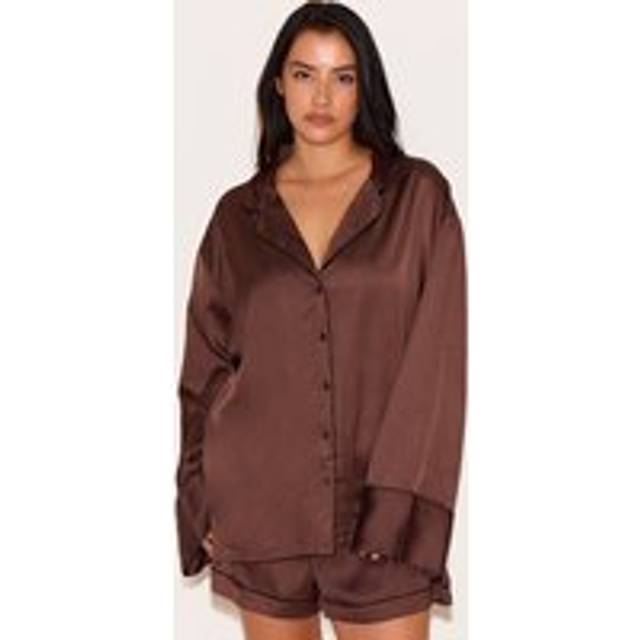 Plus Chocolate Satin Piping Long Sleeve Short Pj Set, Chocolate - XL