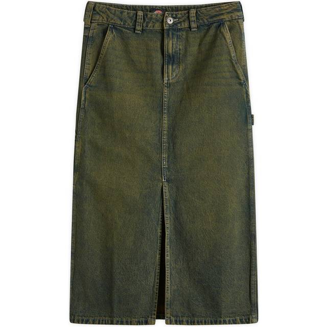 Dickies – Ljusgrå, lång snickarkjol i denim med slits framtill och grön ton-Grå/a
