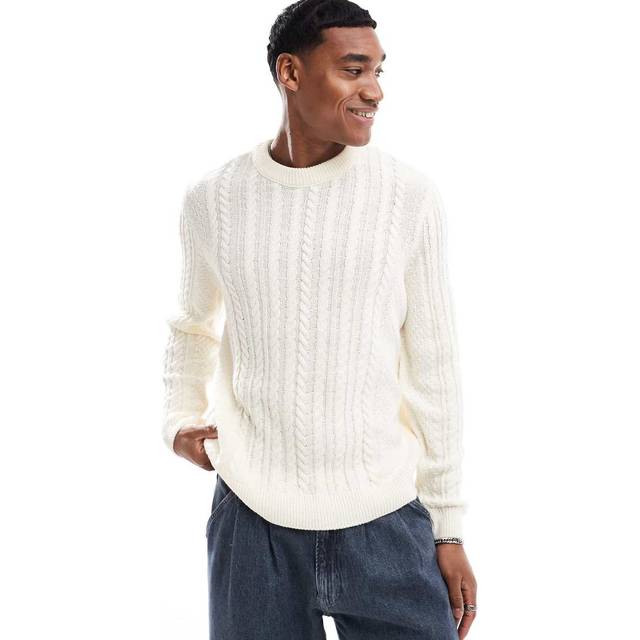 ASOS DESIGN – Gräddvit, kabelstickad, slouchy tröja med avslappnad passform och rund halsringning-Naturlig