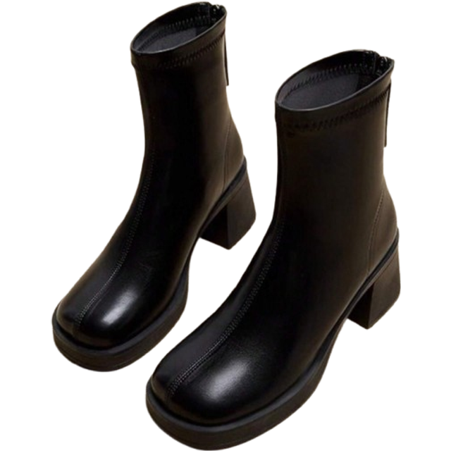 SHEIN Black Short Boots For Women, New Style For Spring Autumn 2025, Retro Platform Thick-Soled Zipper Round Toe Slimming Fashion Boots