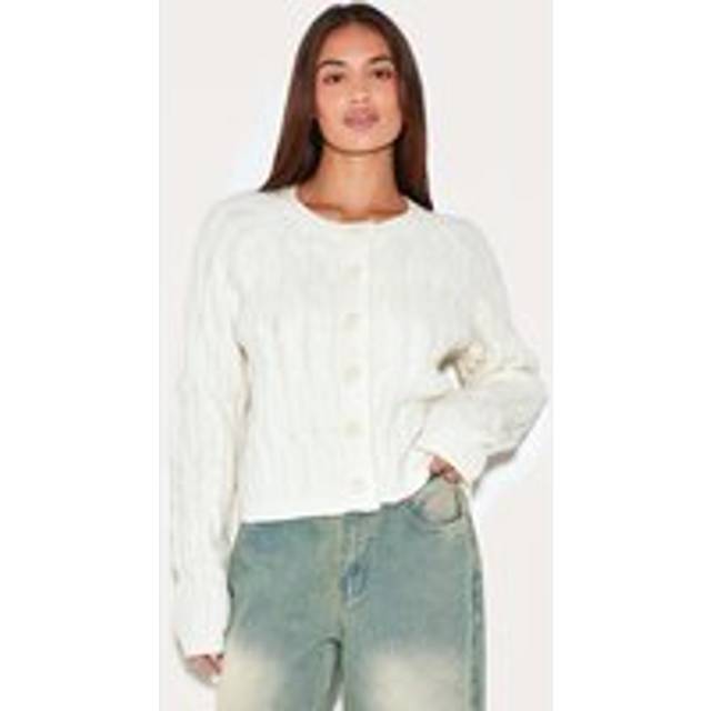 Cream Cable Knit Button Up Cardigan, White - XS