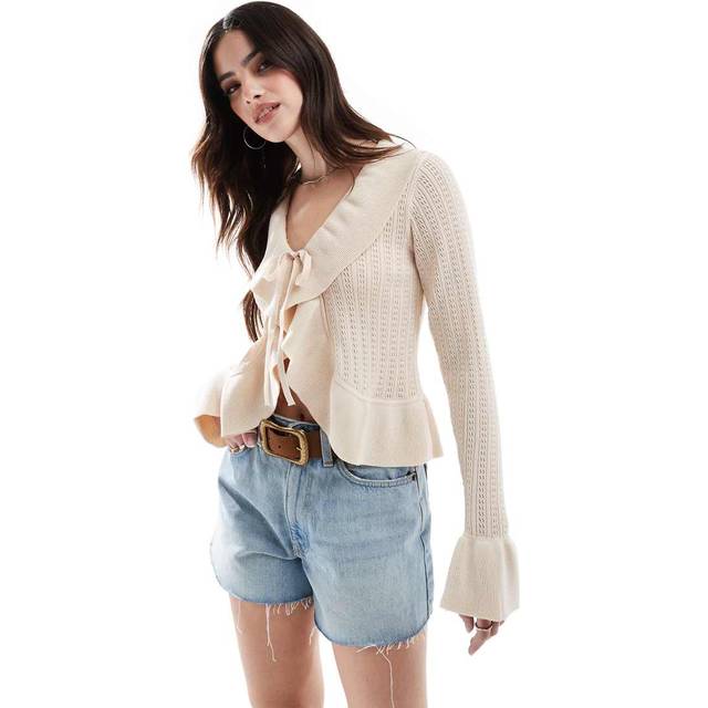 New Look Women's Cream Frilly Trim Tie Front Pointelle Cardigan - UK 12