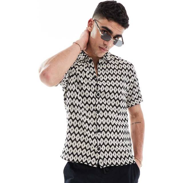 River Island Short Sleeve Mono Diamond Crochet Shirt - Black, Black, Size 2Xl, Men - 2XL