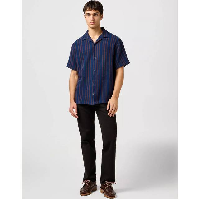 Wrangler Resort Short Sleeve Striped Cotton Waffle Knit Shirt, Navy Stripe