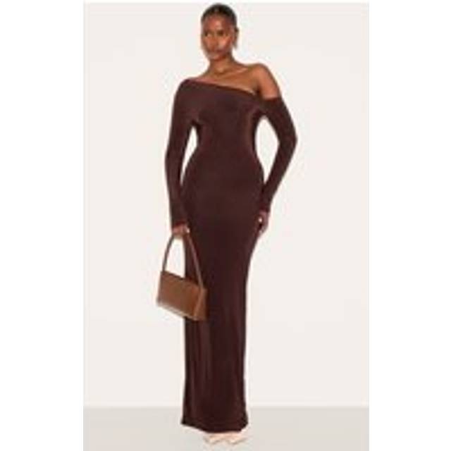 Deep Chocolate Double Slinky Asymmetric Neckline Maxi Dress, Deep Chocolate - 4