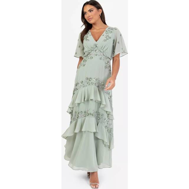 Maya Deluxe Angel Sleeve V-Neck Tiered Maxi, Green Lily/Silver