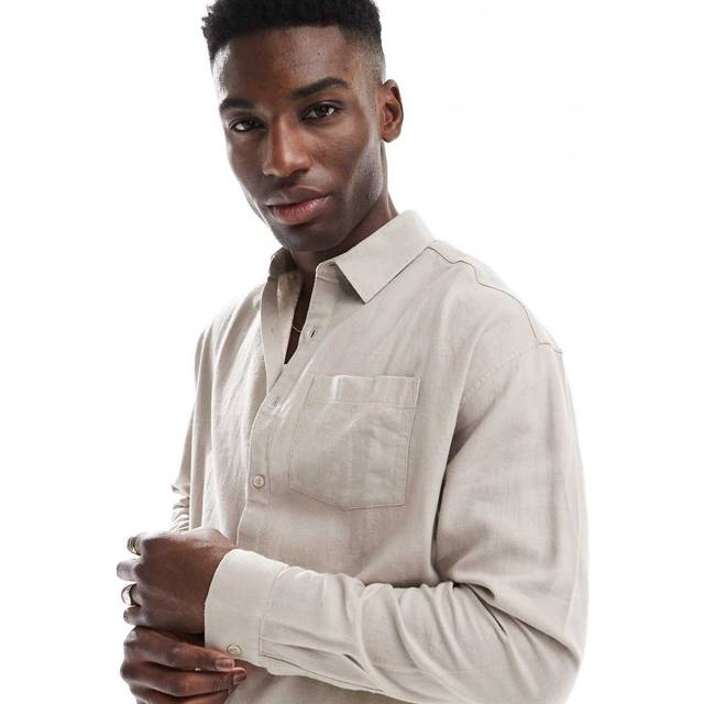 New Look Men's Stone Relaxed Linen Blend Shirt - M