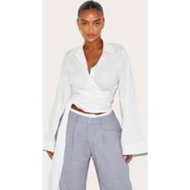 Shape White Wrap Tie Waist Wide Sleeve Shirt, White - 12