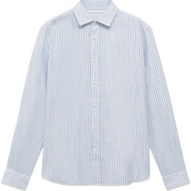 Mango Emma Stripe Linen Blend Regular Fit Shirt, Pastel Blue