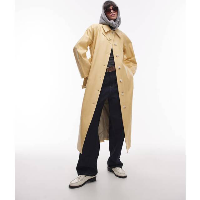 Topshop – Ljusgul trenchcoat i läderimitation och lång oversize-modell