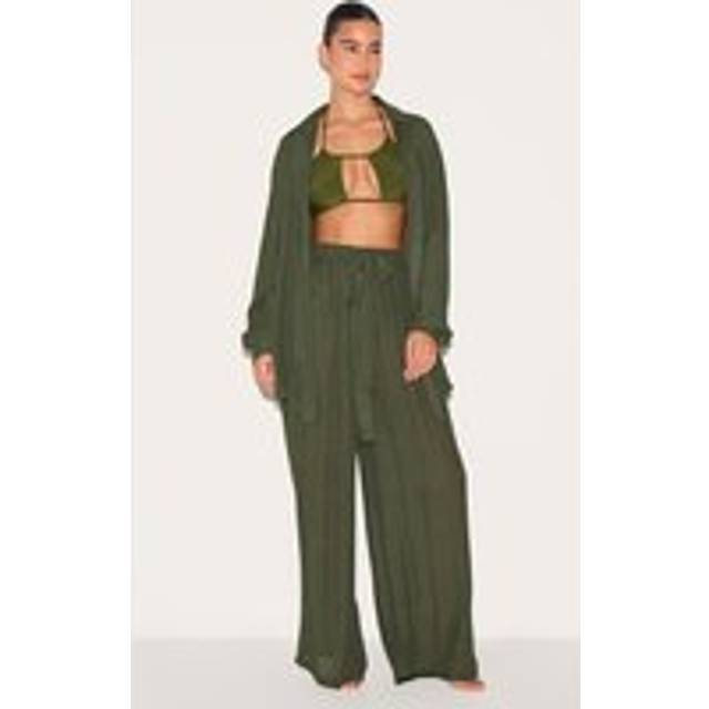 Khaki Green Linen Look Palazzo Beach Trousers, Green - 6