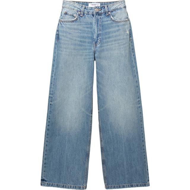 Pull&Bear – Mellanblå, baggy jeans med vida ben i oversize