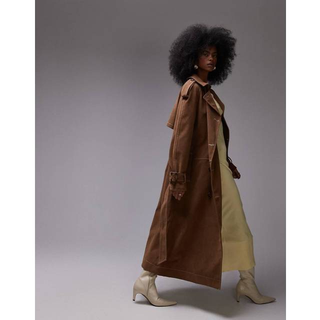 Topshop – Chokladbrun, oversize trenchcoat i läderimitation och lång modell med kontrasterande sömmar