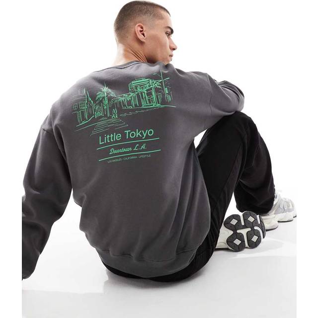 ONLY & SONS – Mörkgrå sweatshirt i oversize med Little Tokyo-tryck baktill-Grå/a