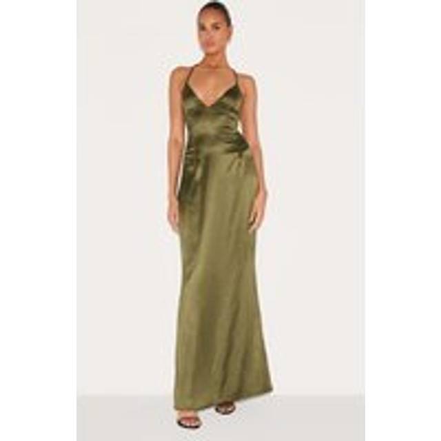 Olive Satin Tie Back Maxi Dress, Green - 14
