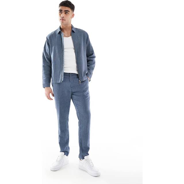 New Look Men's Blue Slim Striped Linen Blend Trousers - 34R