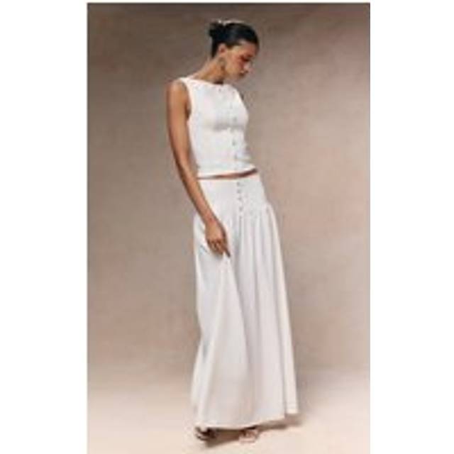 White Woven Pleated Midaxi Skirt, White - 14
