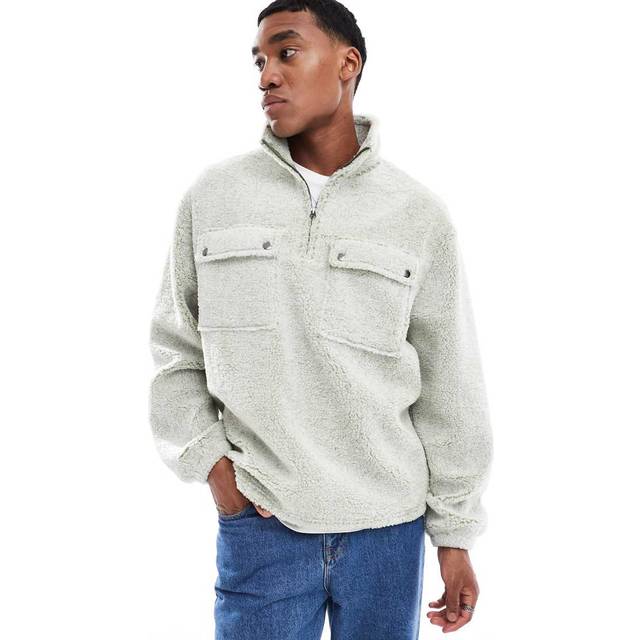 ASOS DESIGN – Grön sweatshirt i teddy och oversize med kvartslång dragkedja-Grön/a