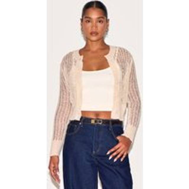 Oatmeal Ladder Knit Sheer Button Up Cardigan, Oatmeal