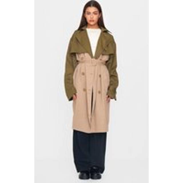 Khaki Contrast Oversized Belted Midi Trench Coat, Green - 8
