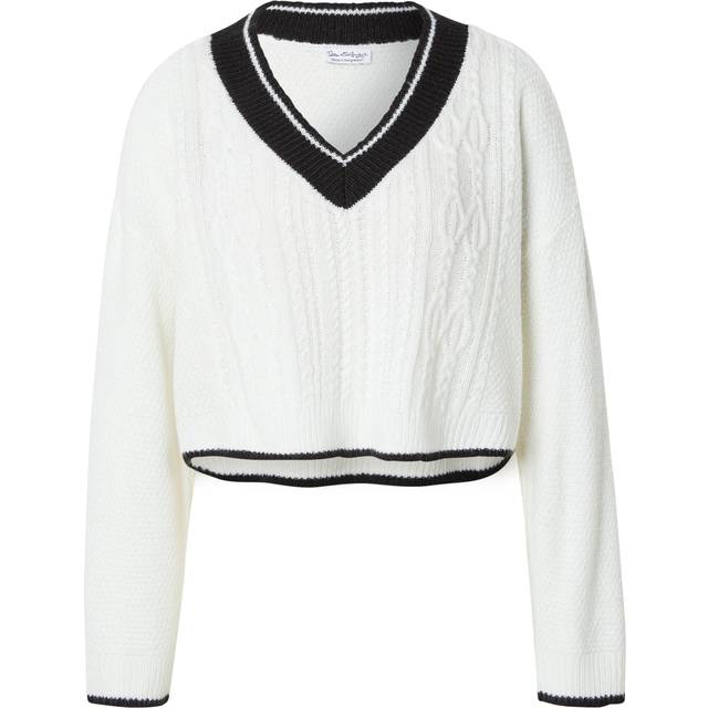Miss Selfridge – Gräddvit, slouchy tröja i collegestil med v-ringning-Vit/a