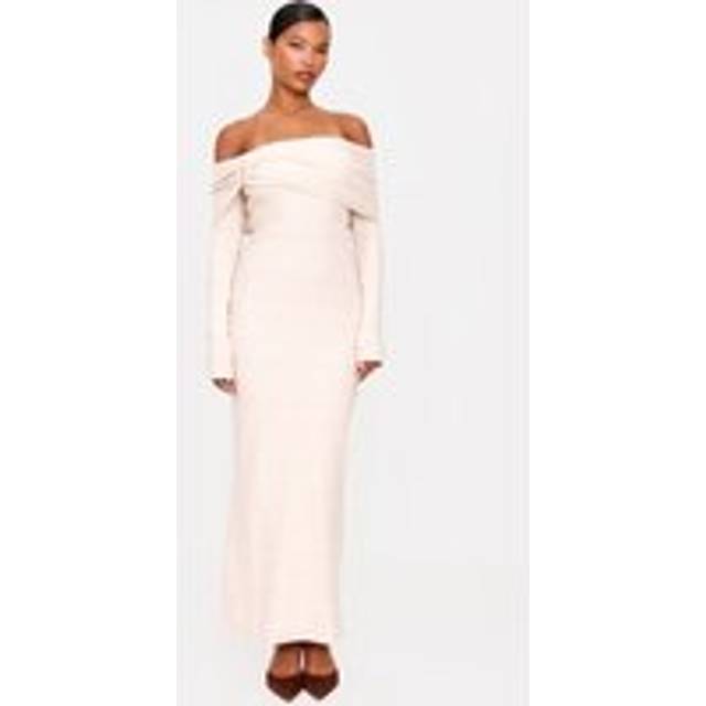 Stone Heavy Brushed Rib Bardot Trim Maxi Dress, White - 12