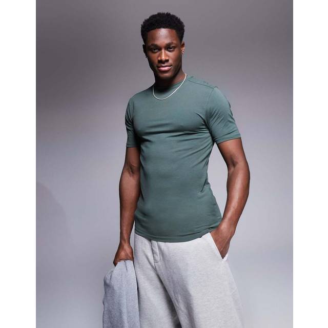 River Island – Mörkt khakifärgad t-shirt i muscle fit-Grön/a