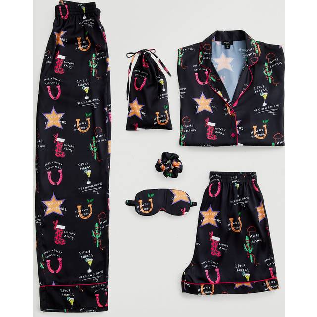 Womens Western Conversational Holiday 6PC Pajama Set - Black - 6