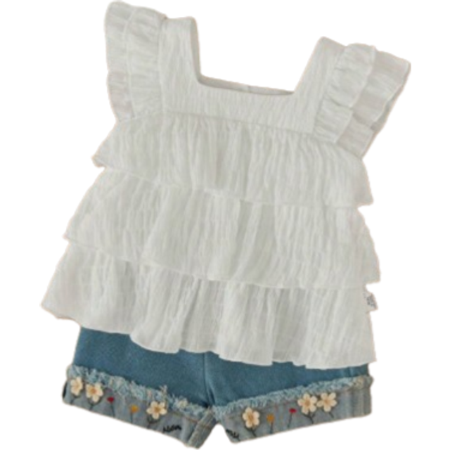 SHEIN Baby Girl Holiday Casual Solid Color Ruffle Trim Shirt And Small Flower Embroidered Denim Shorts Set