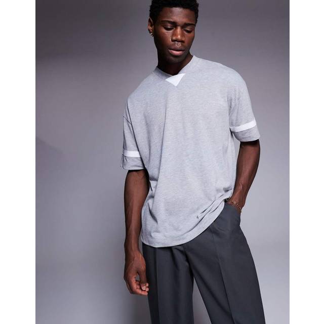 ASOS DESIGN – Gråmelerad t-shirt i oversize med v-ringning och kontrastpaneler-Grå/a