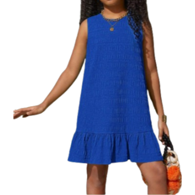 SHEIN SLAYR KIDS SLAYR KIDS Tween Girl Holiday Casual Spring Summer Woven Solid Color Round Neck Sleeveless Dress With Ruffle Hem