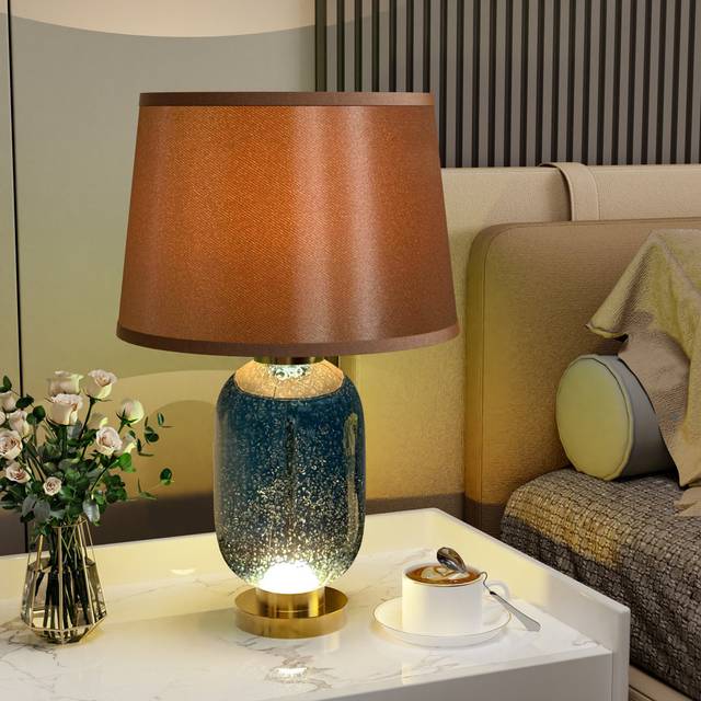 Blue-Tinted Glasstable Lamp, 3 Color Temperature Nightstand Lamps With Coffee Brown Fabric Shade - Gold (54.5cm H X 25.8cm W X 25.8cm D)