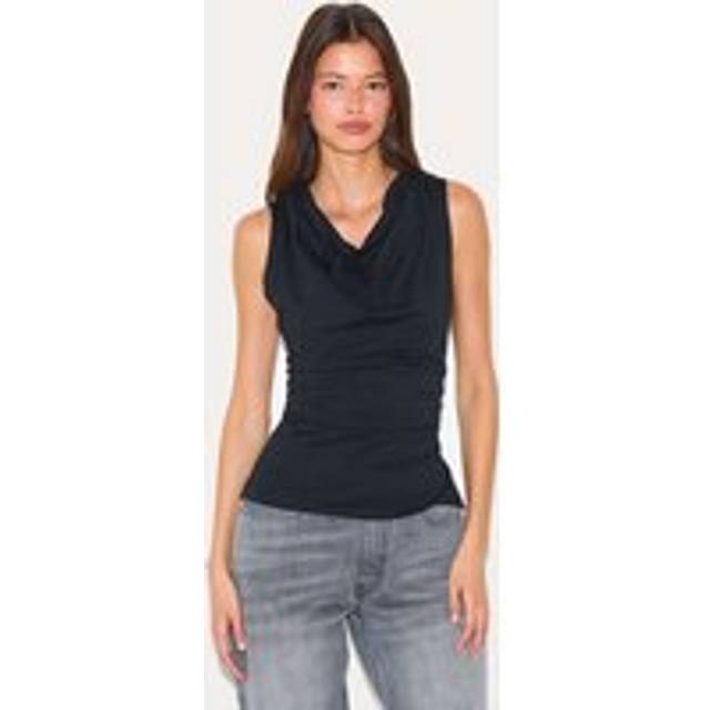 Black Cotton Ruched Waist Sleeveless Top, Black - 6