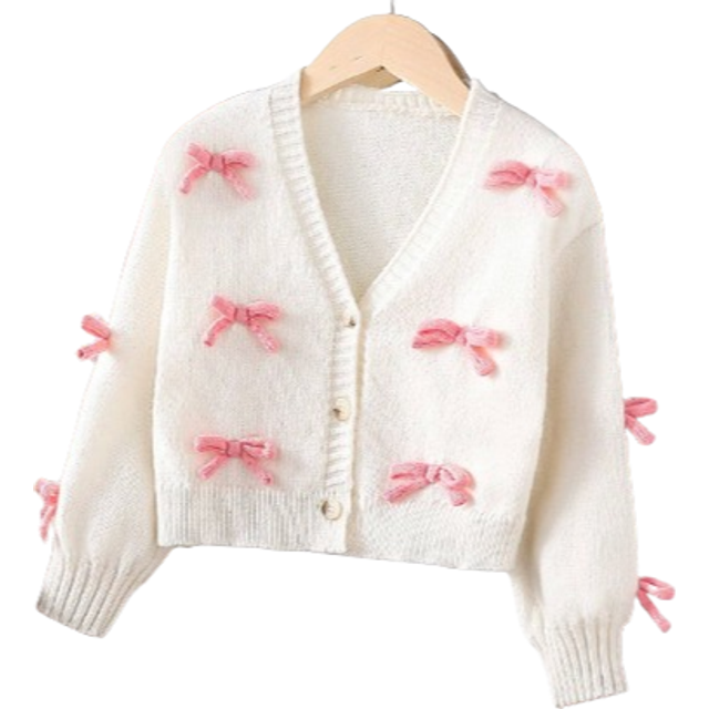 SHEIN Young Girl Fashionable Hand-Crafted Bow Knitted Sweater Jacket For Autumn & Winter