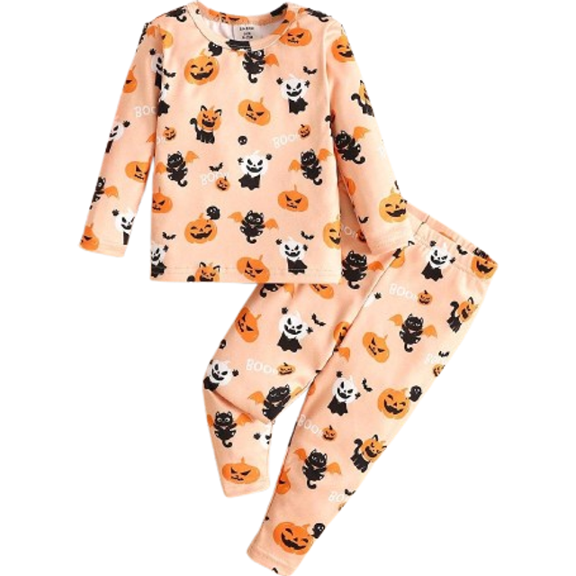 SHEIN 2pcs Baby Girl Halloween Themed Pumpkin & Ghost Print Snug Fit Long Sleeve Top And Pants Cozy Thermal Pajamas Set Clothes