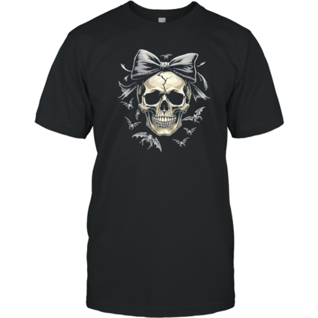 (XL) Coquette Skull With Bow And Bats Spooky Halloween T-Shirt