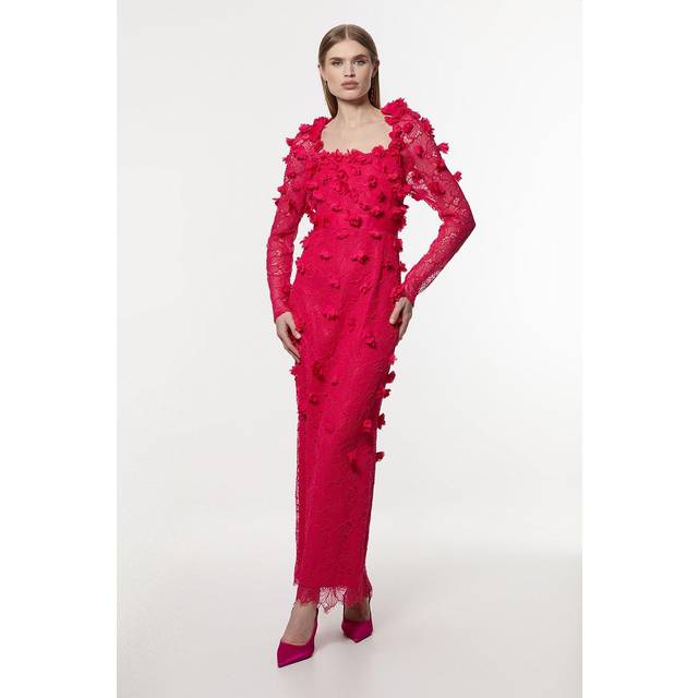 Applique Lace Long Sleeve Woven Midi Dress - Red
