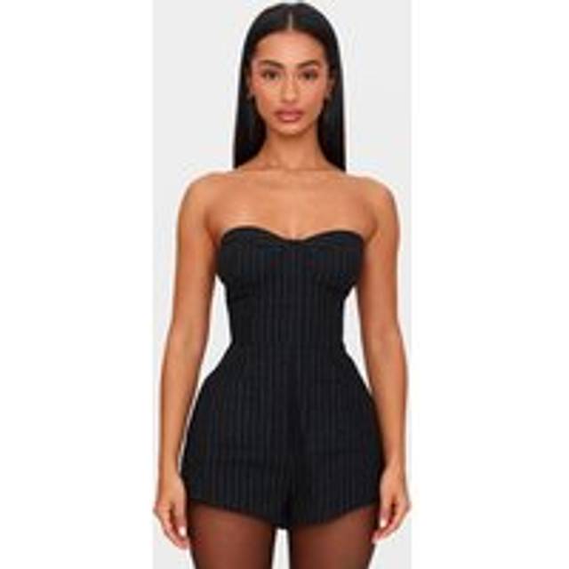 Petite Black Pinstripe Woven Bandeau Playsuit, Black - 4