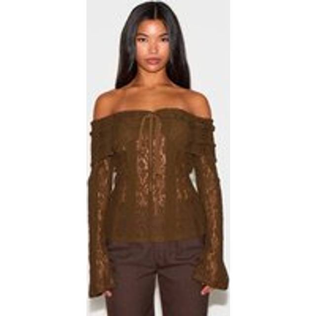 Chocolate Fitted Lace Flared Sleeve Bardot Top, Chocolate - 6