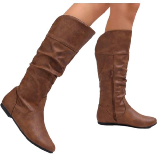 SHEIN Women&#39;s Fashionable Brown Side-Zipper Flat Round Toe Wrinkled Casual Daily High Boots
