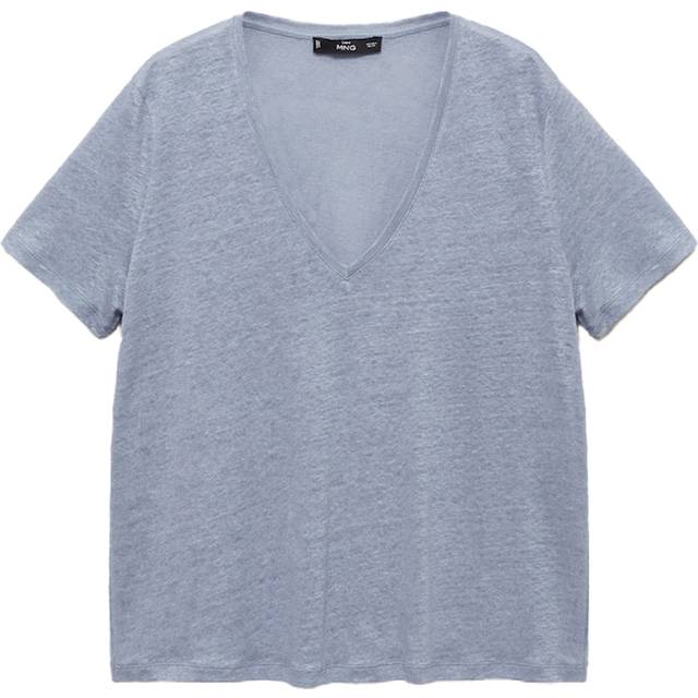 V-neck linen t-shirt sky blue - Woman - M - MANGO - Sky Blue